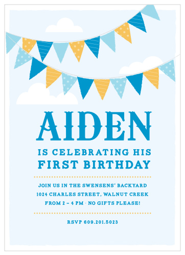 Colorful flags adorn the cloud-strewn sky of the Festival Bunting Boy First Birthday Invitations.
