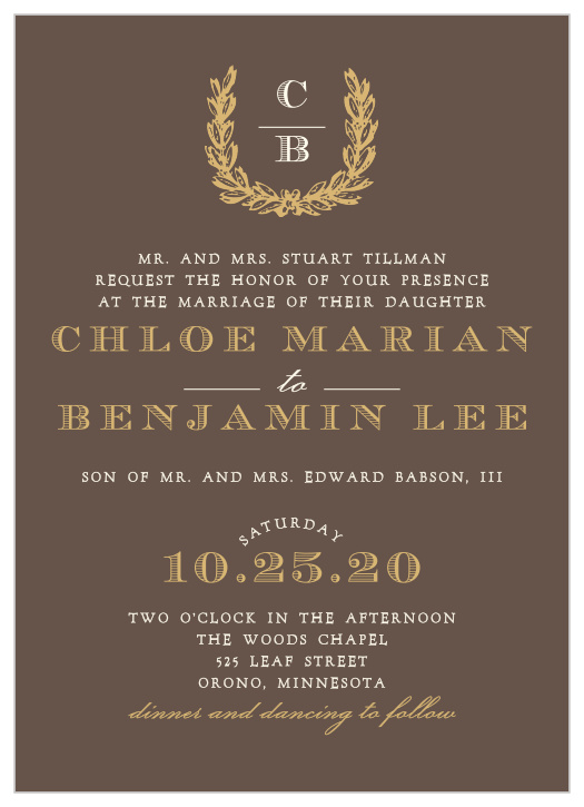 Vintage fonts and wreath make a brilliant accent for the Charming Woods Foil Wedding Invitations.