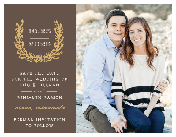 Personalize your engagement photo with the vintage wreath of the Charming Woods Foil Save-the-Date Cards.