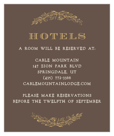 Provide all the information your guests will need to make travel plans with the Charming Woods Foil Accommodation Cards.