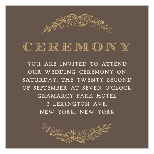 A vintage wreath frames your Ceremony information on the Charming Woods Foil Ceremony Cards from the Love Vs Design Collection at Basic Invite.
