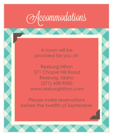 With scrapbook inspired accents, such as faux photo corners, to match the Timeless Plaid Scrapbook invite, this versatile accommodations card is the perfect enclosure card for almost any couple.