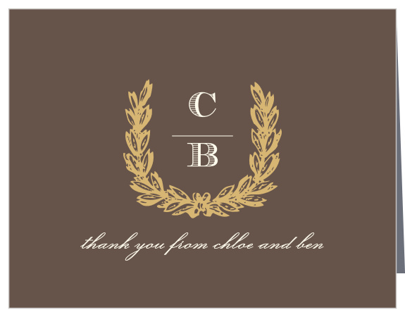 Vintage wreaths accent the Charming Woods Foil Thank You Cards.