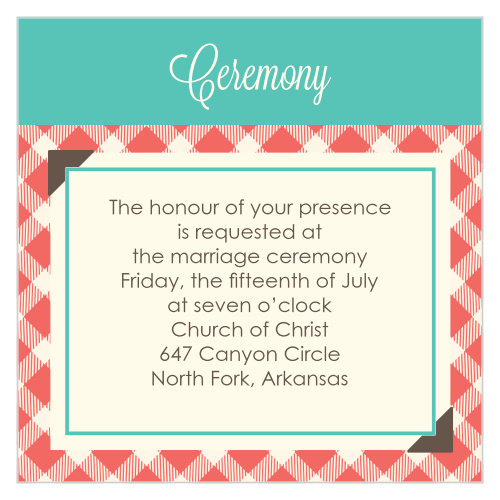 With scrapbook inspired accents, such as faux photo corners, to match the Timeless Plaid Scrapbook invite, this versatile ceremony card is the perfect enclosure card for almost any couple.