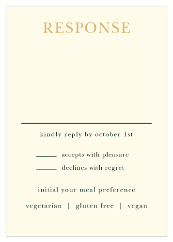 With an inverse color scheme featuring a cream background, gold foil title, and eucalyptus green text, Deco Love Foil Response Cards offer a gorgeous contrast to the rest of this suite.