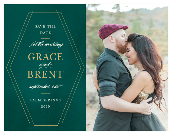 Vertically stretched hexagons frame the text of our Deco Love Foil Save-the-Date Magnets.