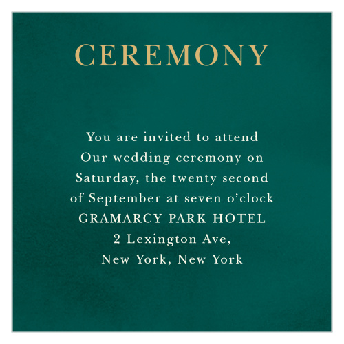 Featuring a gold foil title and pleasant cream text on a deep pine green background, our Deco Love Foil Ceremony Cards are a beautiful way to ensure that your guests know where to be.