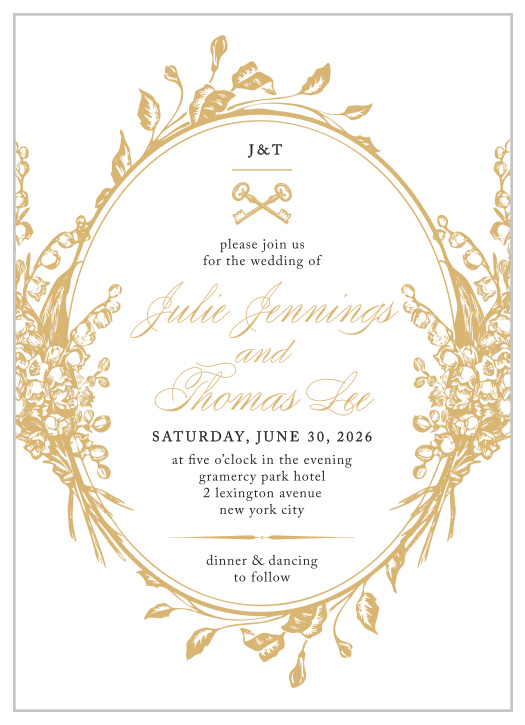 An oval of vintage, elegant florals frames your text on the Antique Chic Foil Wedding Invitations.