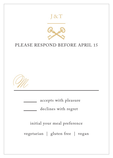 A simple monogram with crossed keys beneath them decorates the top of the Antique Chic Foil Response Cards.