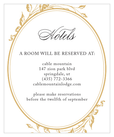 Elegant foliage decorates an oval frame on the Antique Chic Foil Accommodation Cards.