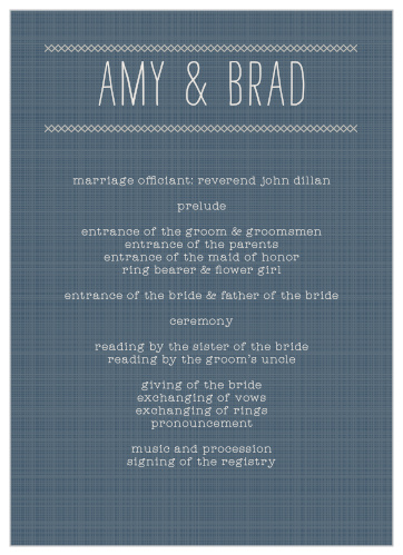 Keep your warm, homestyle ceremony running smoothly with the Cross Stitched Wedding Programs.