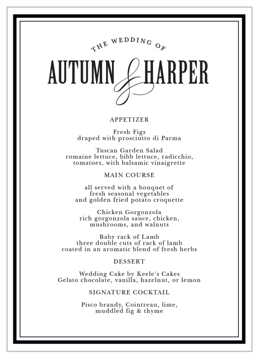 Lay out your wedding feast with the Antique Elegance Wedding Menus.