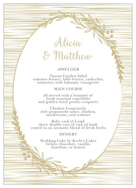 Fame your dinner options in the floral frame of the Delicate Laurel Wedding Menus.