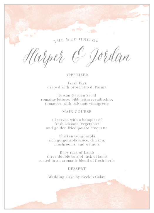 Beautiful splashes of colors line the top and the bottom of the Dip Dye Wedding Menus. 