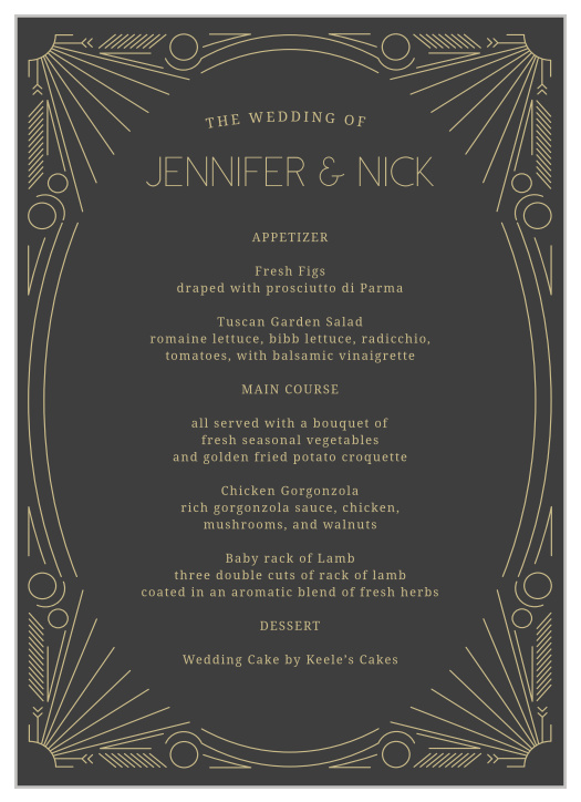 Throw a feast fit for the Fitzgeralds with the Framed Art Deco Wedding Menus.