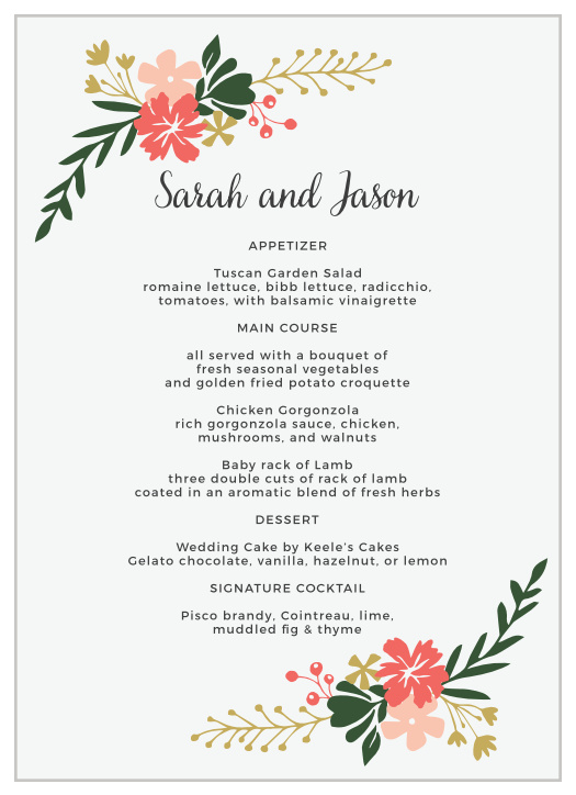 Bright florals accent your text on the Garden Party Wedding Menus.