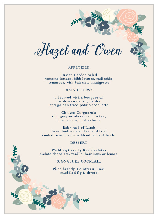 Create a cohesive wedding look with the Illustrated Corner Wreath Wedding Menus.