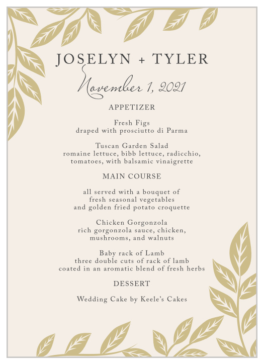 Delicate foliage frames your text on the Lovely Laurel Wedding Menus.