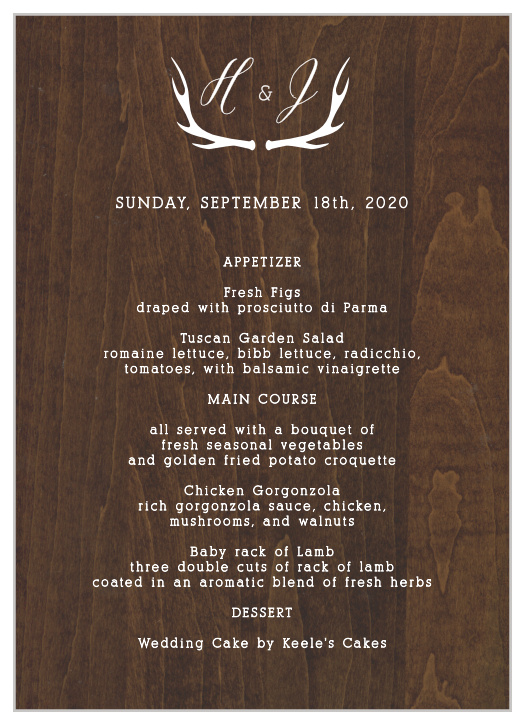 Design the perfect menus for your country style wedding with the Rustic Wood Wedding Menus. 