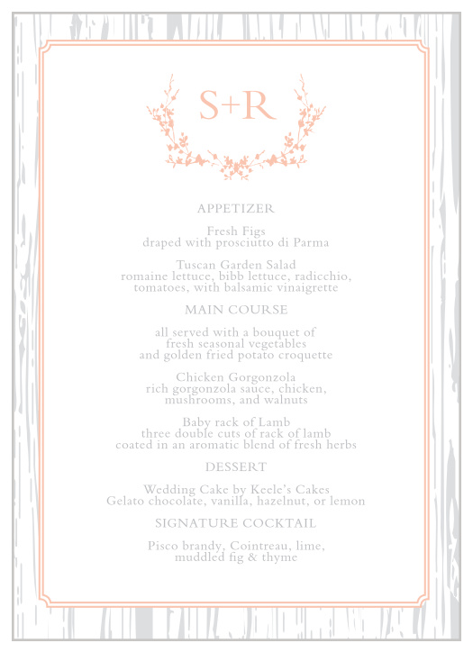 Design menus to coordinate with your country-themed wedding with the Rustic Wreath Wedding Menus.