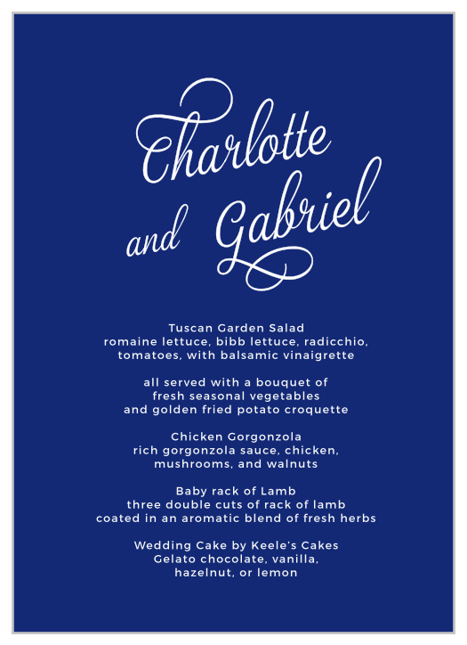 Your names in an elegant typeface top the Script Emblem Wedding Menus.