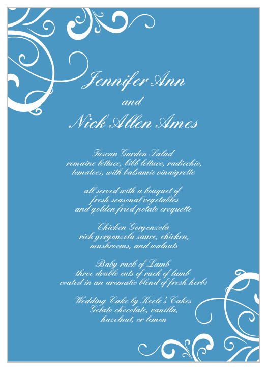 Whimsical tendrils bloom from the top left and bottom right corners of the Simple Swirls Wedding Menus.