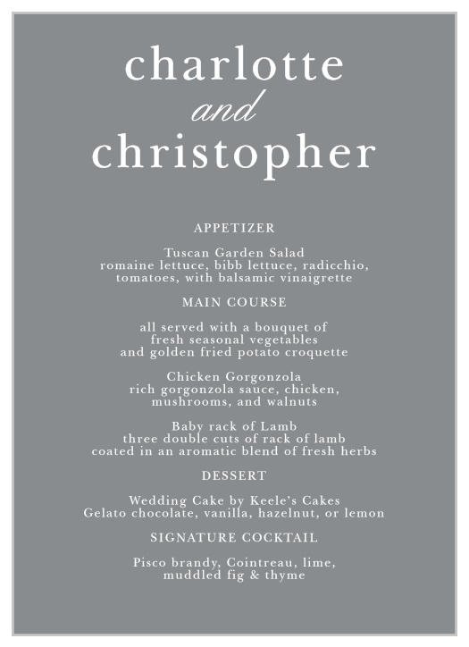 Lay out your dinner options with the beautiful simplicity of the Sophisticated Typography Wedding Menus.