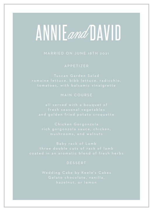 Lay out your reception dinner options with the Traditional Script Wedding Menus.