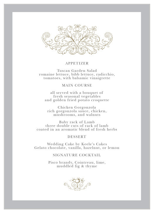 Gorgeously ornate details accent your text on the Vintage Damask Wedding Menus. 