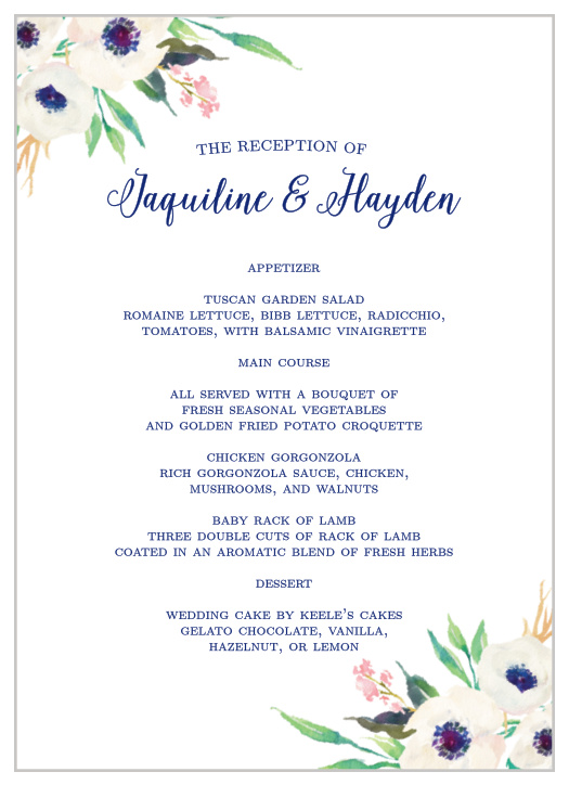 Watercolor Anemone Wedding Menus