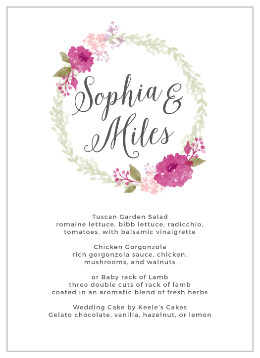 A soft ring of florals frames your names on the Watercolor Wreath Wedding Menus.