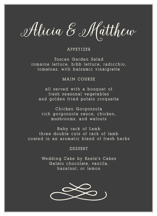 Lay out your dinner options with the delightful design of the Whimsical Calligraphy Wedding Menus.