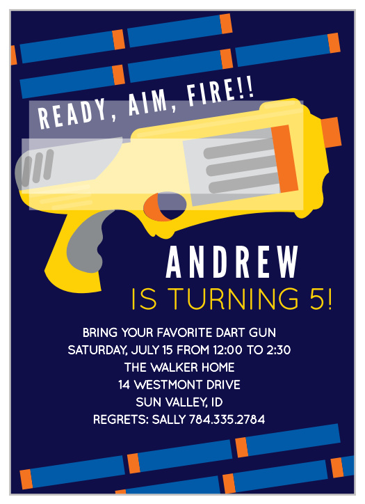Prepare your friends for an epic dart gun battle with the Dart Battle Children's Birthday Party Invitations.