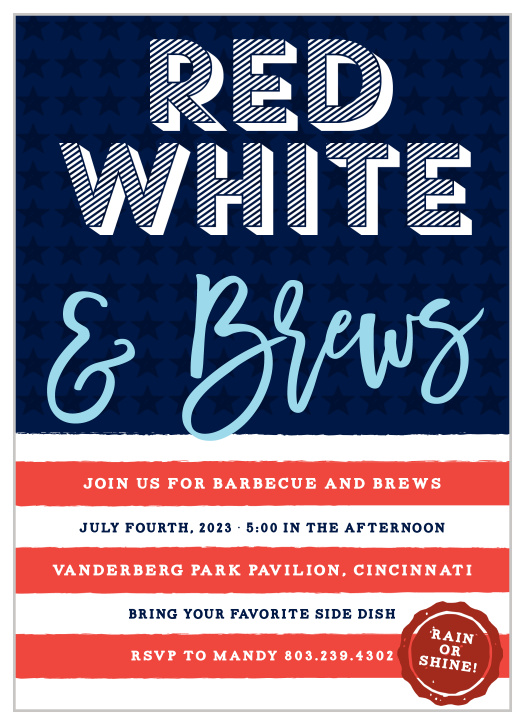 The Red, White & Brews Independence Day Party Invitation are perfect for a fourth of July barbecue.