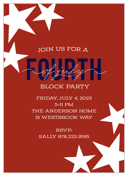 Get the whole neighborhood involved in your Independence Day celebrations with the Bold Patriotic Independence Day Party Invitation.