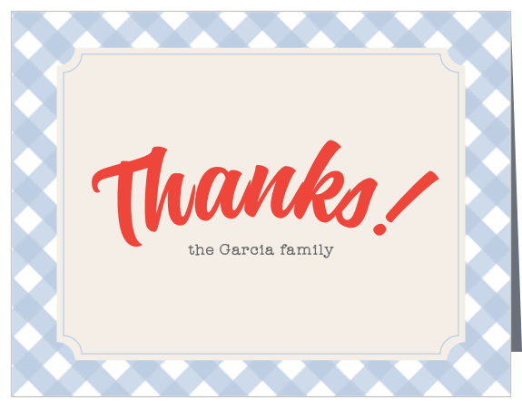 A gingham background give the Picnic in the Park Children's Birthday Thank You Cards a quaint, country feel.