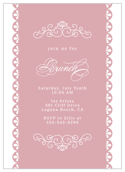 Elegant scallops and ornate scrolls decorate the Lavish Brunch Party Invitation.