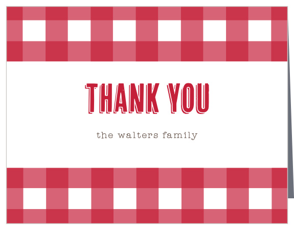 A gingham background like a tablecloth gives the Family Picnic Party Thank You Cards a warm, homey feel.