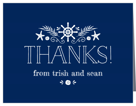 A wreath full of nautical iconography decorates the Yacht Party Thank You Cards.