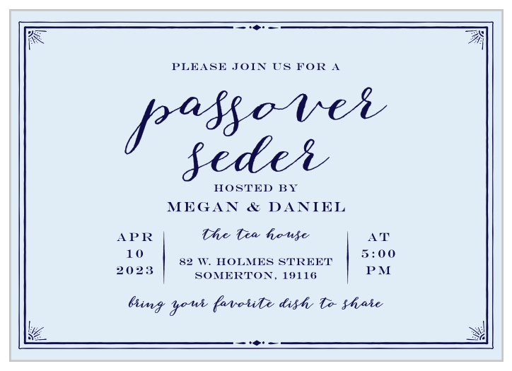 Invite friends and family for a dignified celebration with the Formal Seder Passover Invitation.