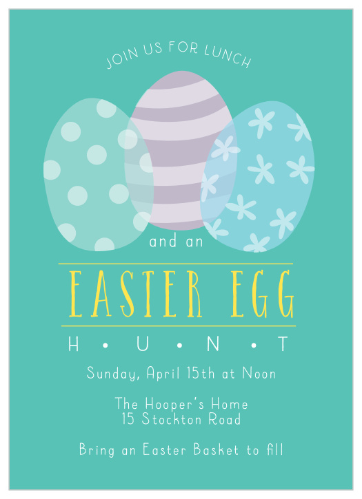 One striped, one polka-dotted and one patterned egg decorate the Egg Hunt Easter Party Invitation.