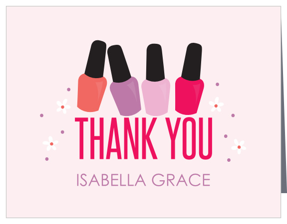 Four bottles of nail polish accented by small flowers decorate the Spa Time Thank You Cards.