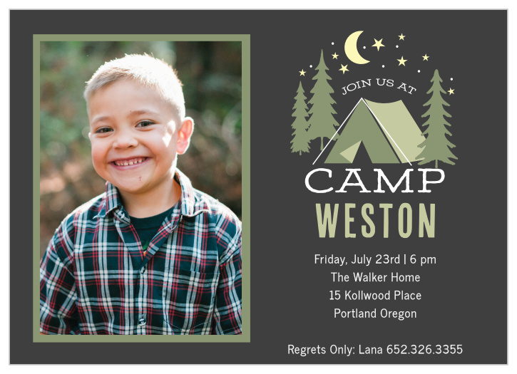 The Cascades Camping Photo Children's Birthday Party Invitation is a cute camping-themed design, features an outdoor tent, trees, the night sky, and an area for a photo.