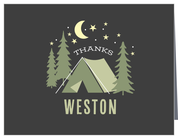 The Cascades Camping Thank You Card is a cute camping-themed design, features an outdoor tent, trees, and the night sky.