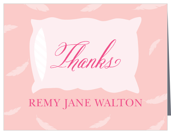 Feathers rain down around a pillow on the Super Slumber Children's Birthday Party Thank You Cards.