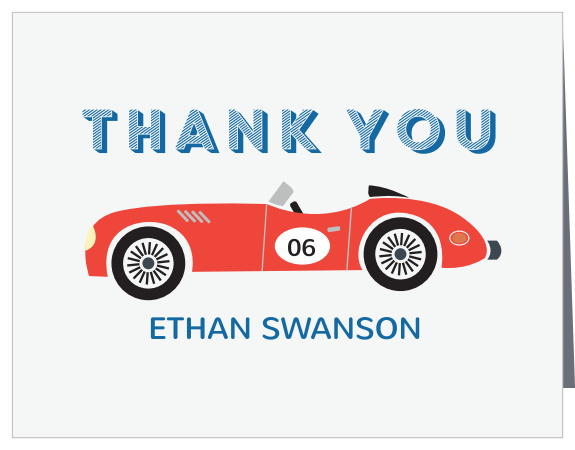 Accent your gratitude with the cool race car of the Raucous Raceway Thank You Cards.