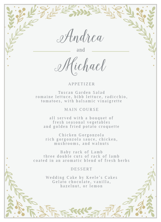 Elegant greenery frames the top and the bottom of the Romantic Evergreen Wedding Menus.