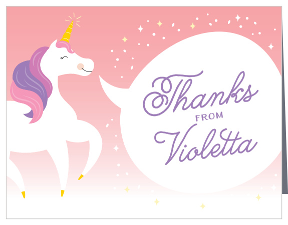 A colorful unicorn conveys your gratitude on the Magical Unicorn Thank You Cards.
