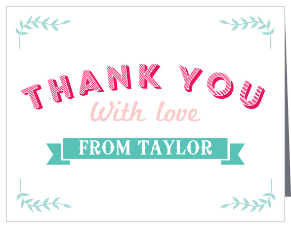 Subtle greenery and a ribbon banner adds a country touch to the Market Fresh Party Thank You Cards.