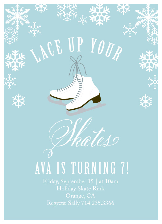Snowflakes drift onto the Ice Skates Children's Birthday Party Invitations.